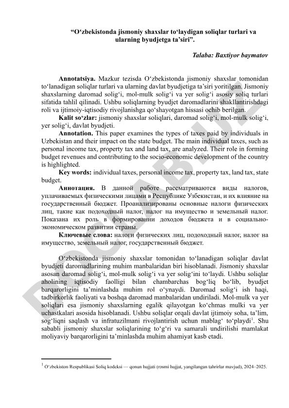 Oʻzbekistonda jismoniy shaxslar to‘laydigan soliqlar turlari va ularning byudjetga ta’siri