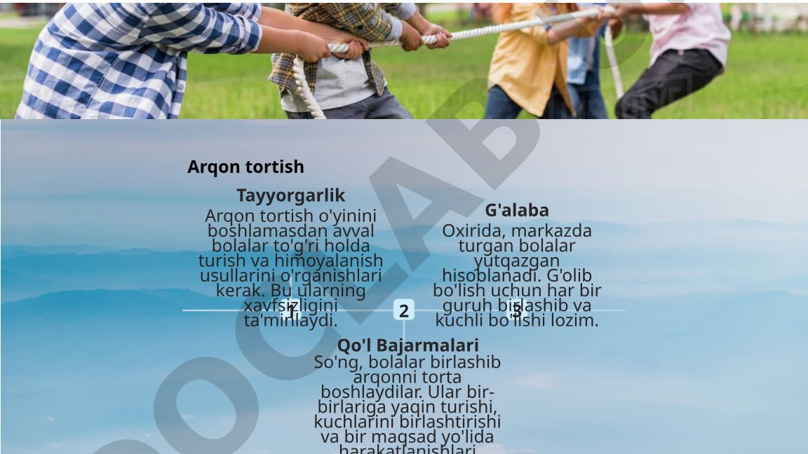 Bolalar o'yinlari: Arqon tortish, Berkinmachoq va Sichqon mushuk