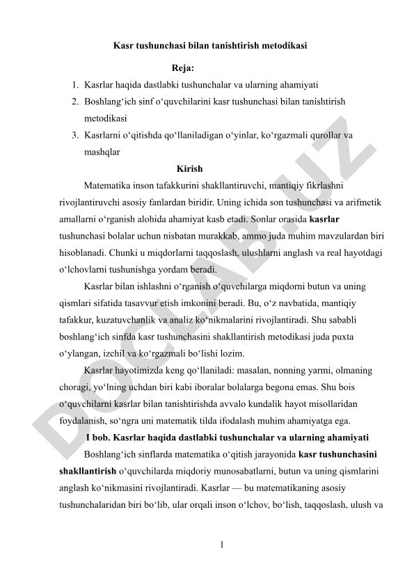 Boshlang'ich sinflarda kasr tushunchasini o'qitish metodikasi