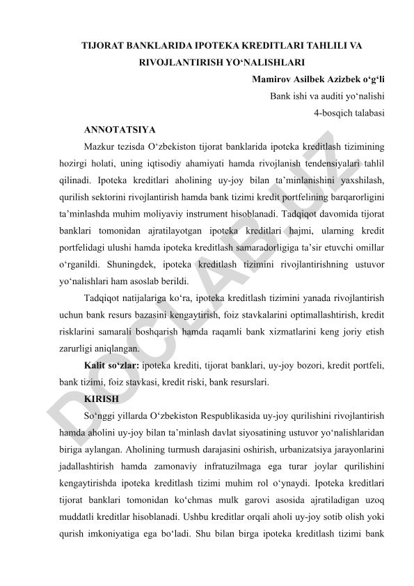 Tijorat banklarida ipoteka kreditlari tahlili va rivojlantirish yo‘nalishlari