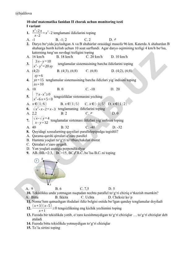 10-sinf matematika fanidan II chorak monitoring testi
