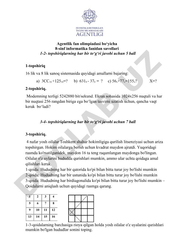 8-sinf informatika fanidan olimpiada savollari va topshiriqlari