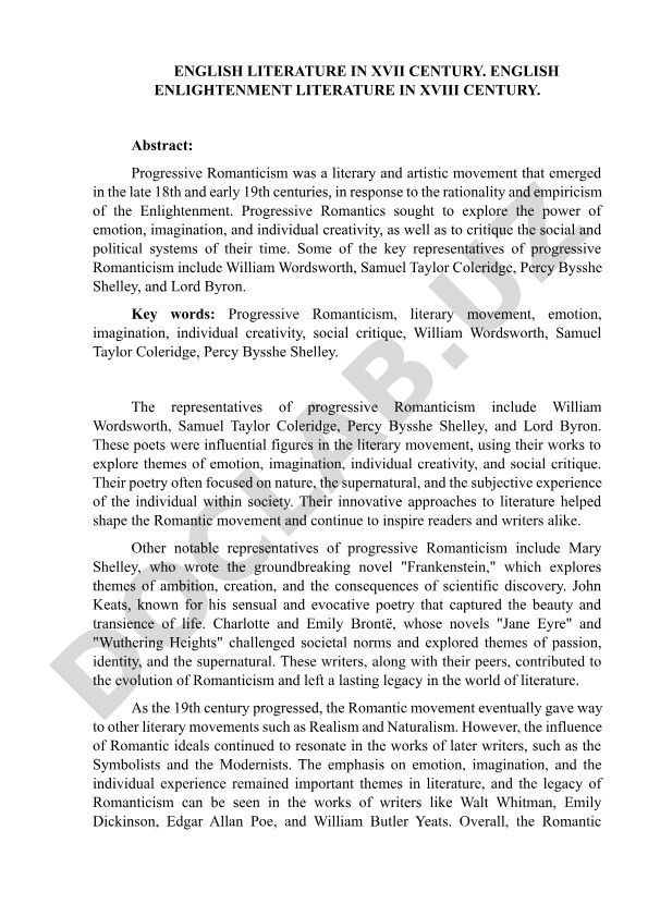 English Literature in XVII Century and English Enlightenment Literature in XVIII Century