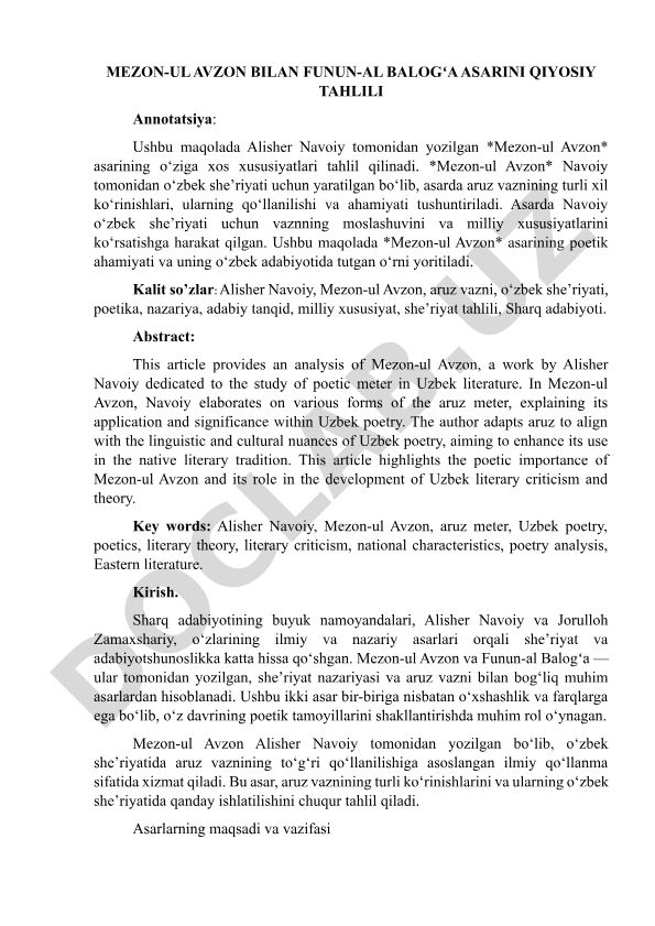 Mezon-ul Avzon bilan Funun-al Balogʻa asarini qiyosiy tahlili