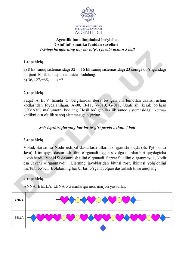 7-sinf informatika fanidan olimpiada savollari va topshiriqlari