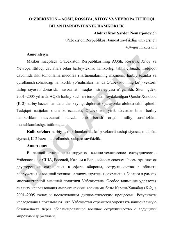 O‘zbekistonning AQSh, Rossiya, Xitoy va Yevropa Ittifoqi bilan harbiy-texnik hamkorligi