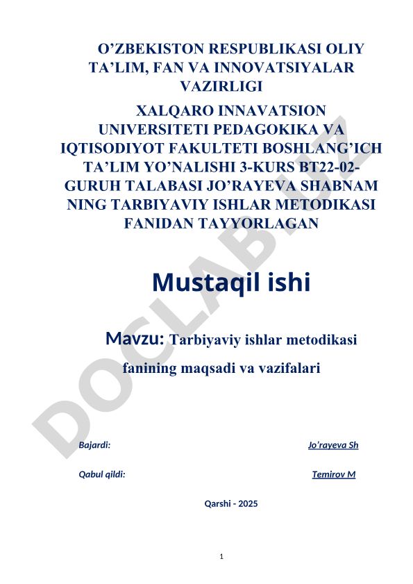 Tarbiyaviy ishlar metodikasi fanining maqsadi va vazifalari