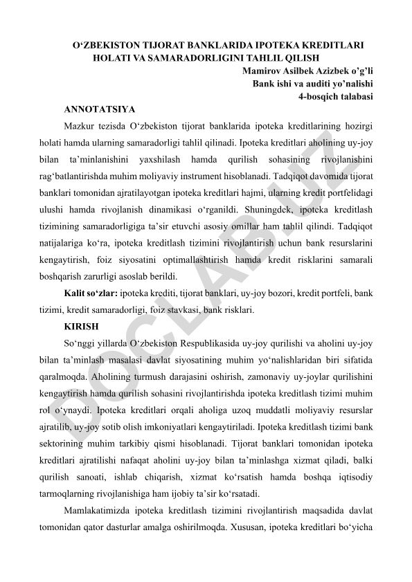 O‘zbekiston tijorat banklarida ipoteka kreditlari holati va samaradorligini tahlil qilish