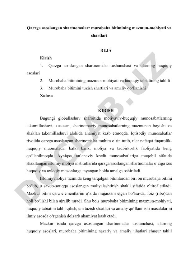 Qarzga asoslangan shartnomalar: murobaḥa bitimining mazmun-mohiyati va shartlari