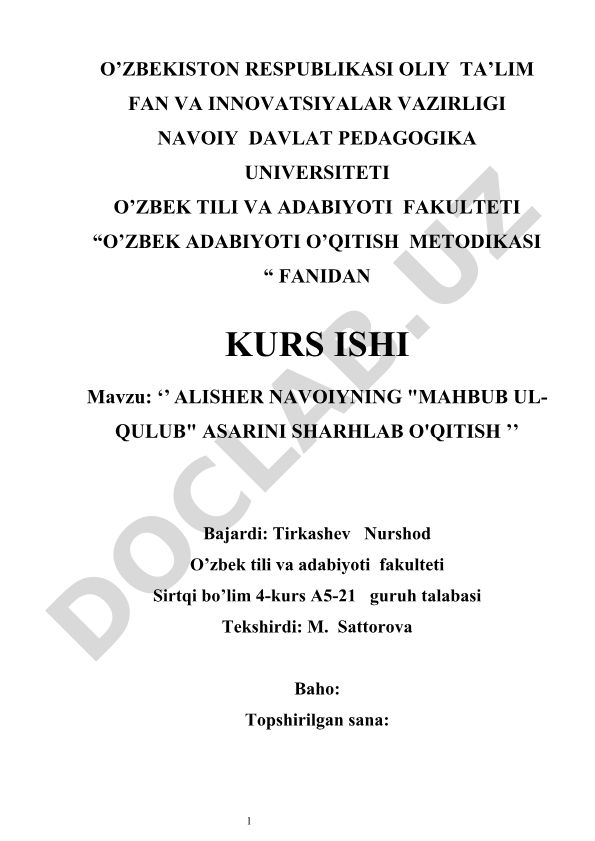 Alisher Navoiyning "Mahbub ul-Qulub" asarini sharhlab o'qitish