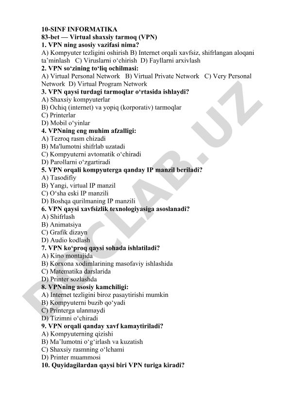 Virtual shaxsiy tarmoq (VPN) test savollari