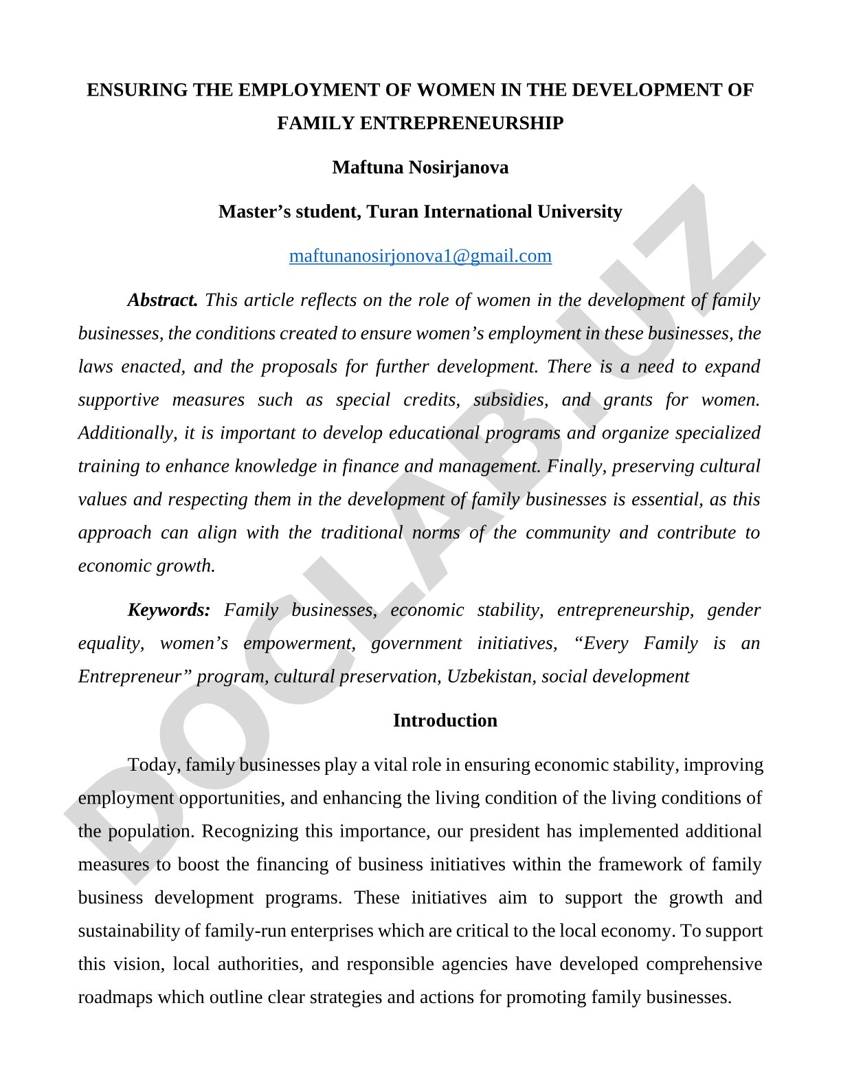 Ensuring the Employment of Women in the Development of Family Entrepreneurship