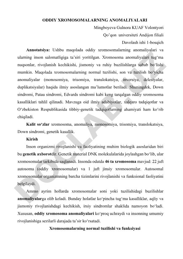 Oddiy xromosomalarning anomaliyalari va inson salomatligiga ta'siri
