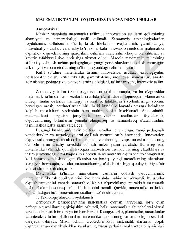 Matematik ta'lim: o'qitishda innovatsion usullar