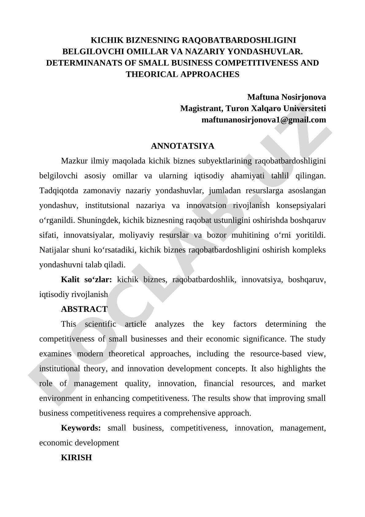 Kichik biznesning raqobatbardoshligini belgilovchi omillar va nazariy yondashuvlar