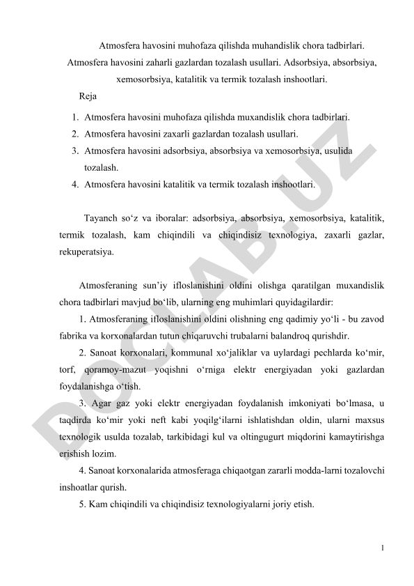 Atmosfera havosini muhofaza qilish va tozalash usullari