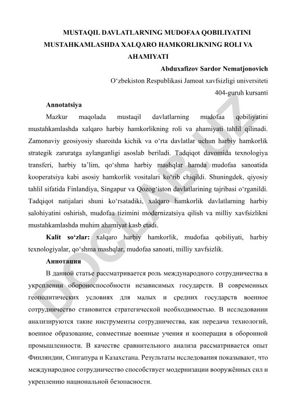 Mustaqil davlatlarning mudofaa qobiliyatini mustahkamlashda xalqaro hamkorlikning roli va ahamiyati