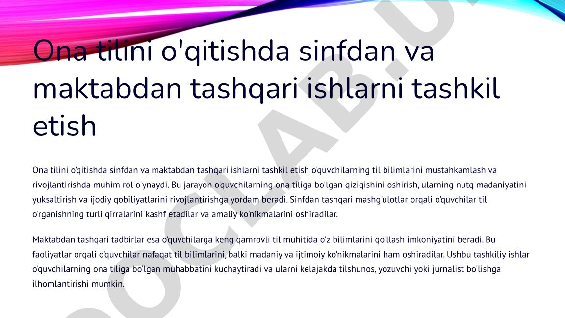 Ona tilini o'qitishda sinfdan va maktabdan tashqari ishlarni tashkil etish