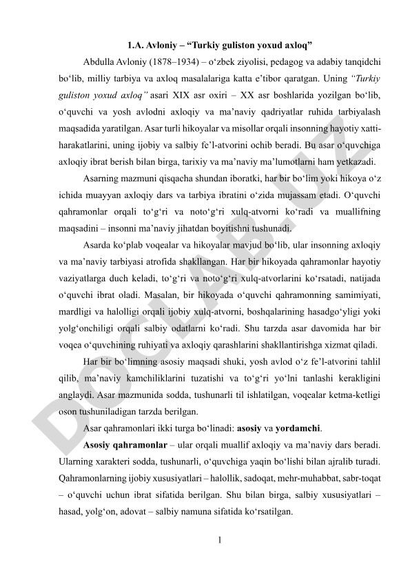 Abdulla Avloniyning "Turkiy guliston yoxud axloq" asari