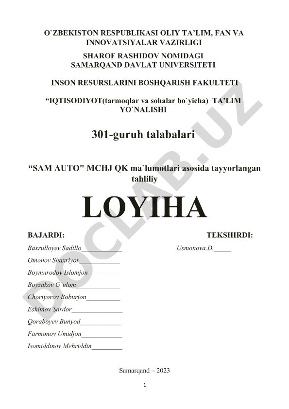 SAM AUTO MCHJ QKning 2023-yil uchun buxgalteriya balansi tahlili