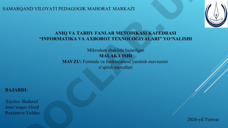 Formula va funksiyalarni yaratish mavzusini o‘qitish metodlari