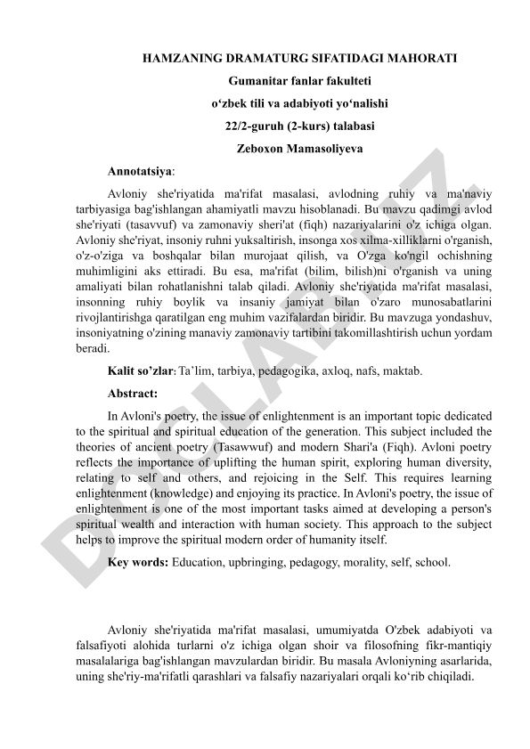 Avloniy she'riyatida ma'rifat masalasi