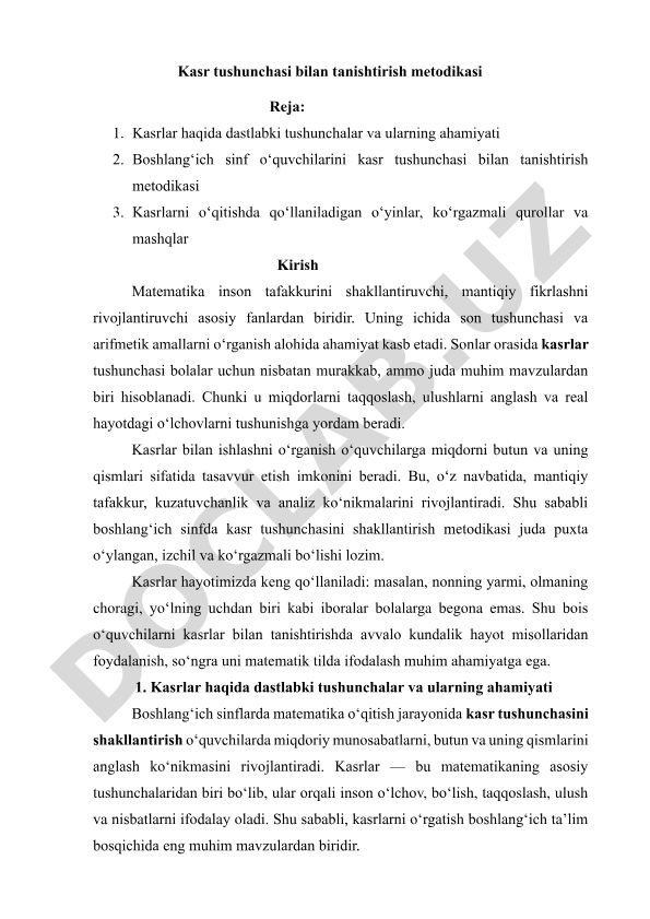 Boshlang'ich sinflarda kasr tushunchasini o'qitish metodikasi