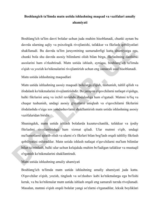 Boshlang'ich ta'limda matn ustida ishlashning maqsad va vazifalari