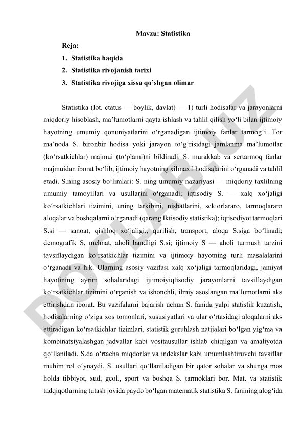 Statistika haqida umumiy ma'lumot va rivojlanish tarixi