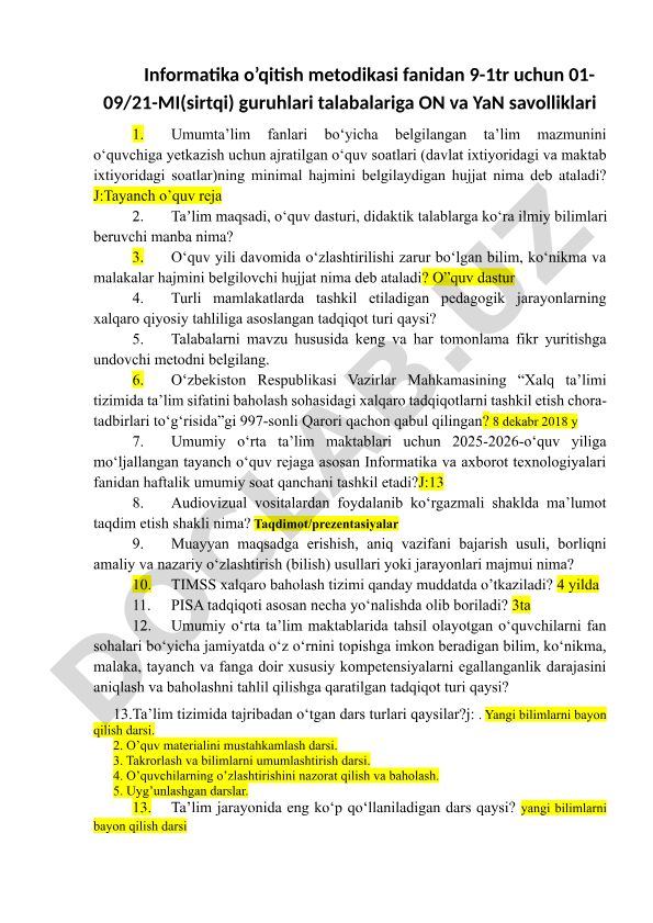 Informatika o’qitish metodikasi fanidan savolliklar va javoblar