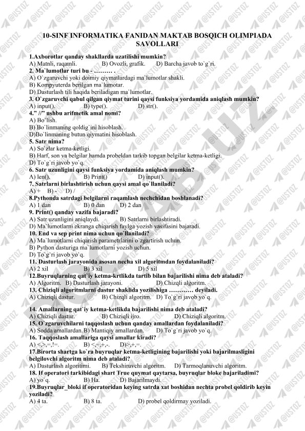 10-sinf informatika fanidan maktab bosqichi olimpiada savollari