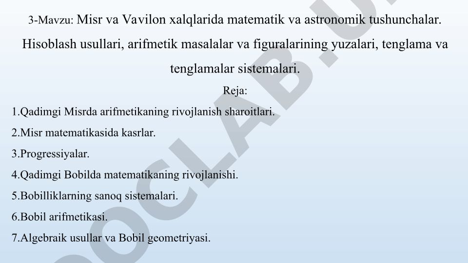 Misr va Vavilon xalqlarida matematik va astronomik tushunchalar