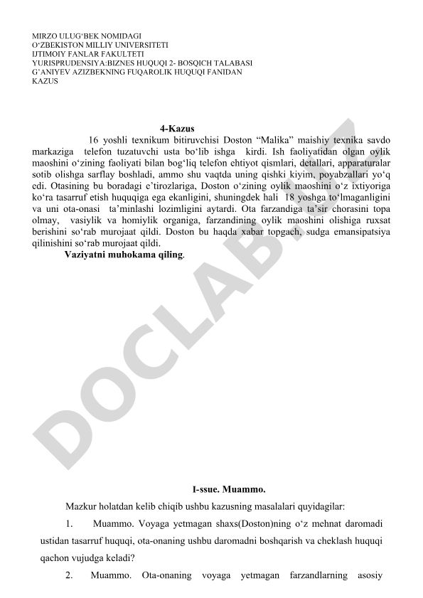 Voyaga yetmagan shaxsning mehnat daromadi ustidan tasarruf huquqi va emansipatsiya masalalari