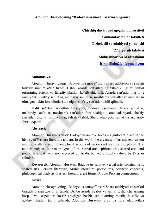 Atoulloh Husayniyning “Badoye us-sanoye” asarini o'rganish