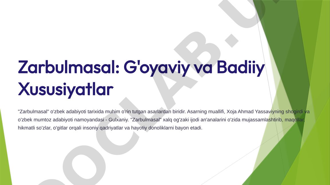 Gulxaniyning "Zarbulmasal" asarining g'oyaviy va badiiy xususiyatlari