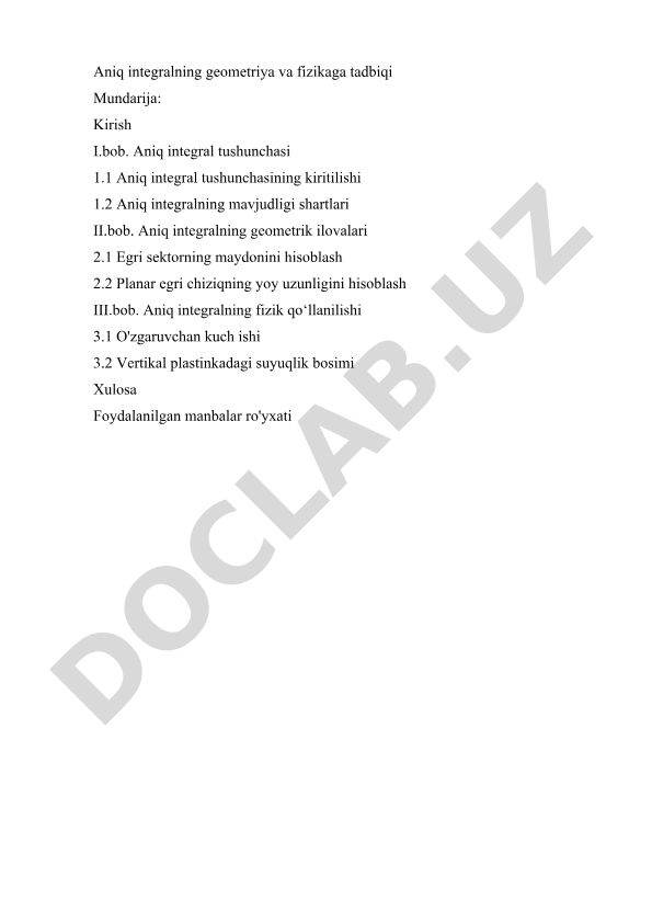 Aniq integralning geometriya va fizikaga tadbiqi