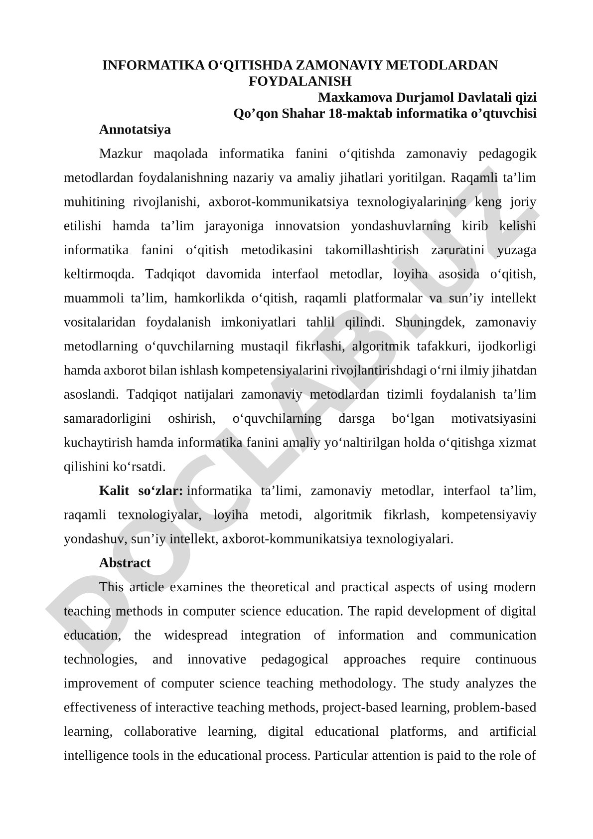 INFORMATIKA O‘QITISHDA ZAMONAVIY METODLARDAN FOYDALANISH