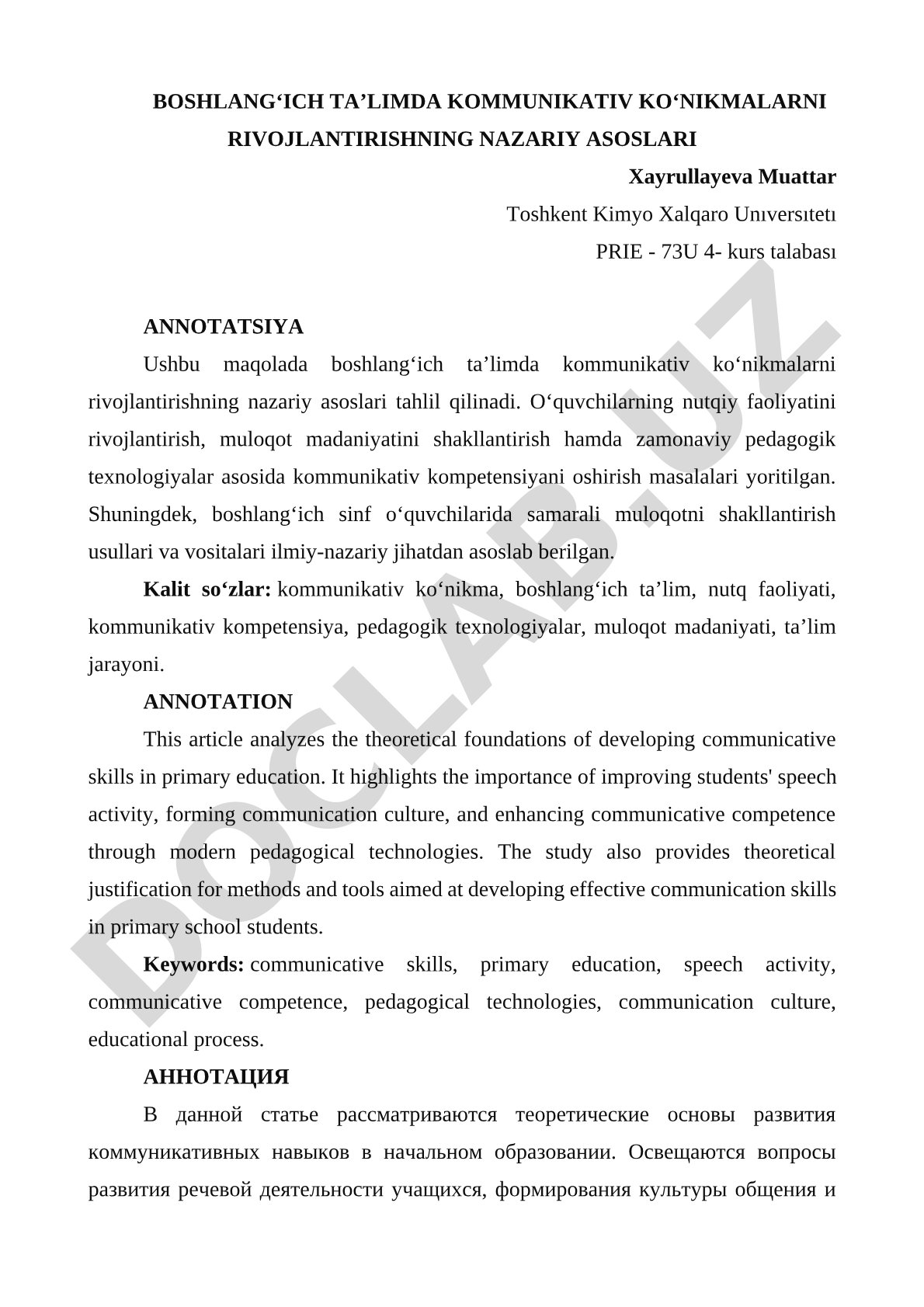 Boshlang‘ich ta’limda kommunikativ ko‘nikmalarni rivojlantirishning nazariy asoslari