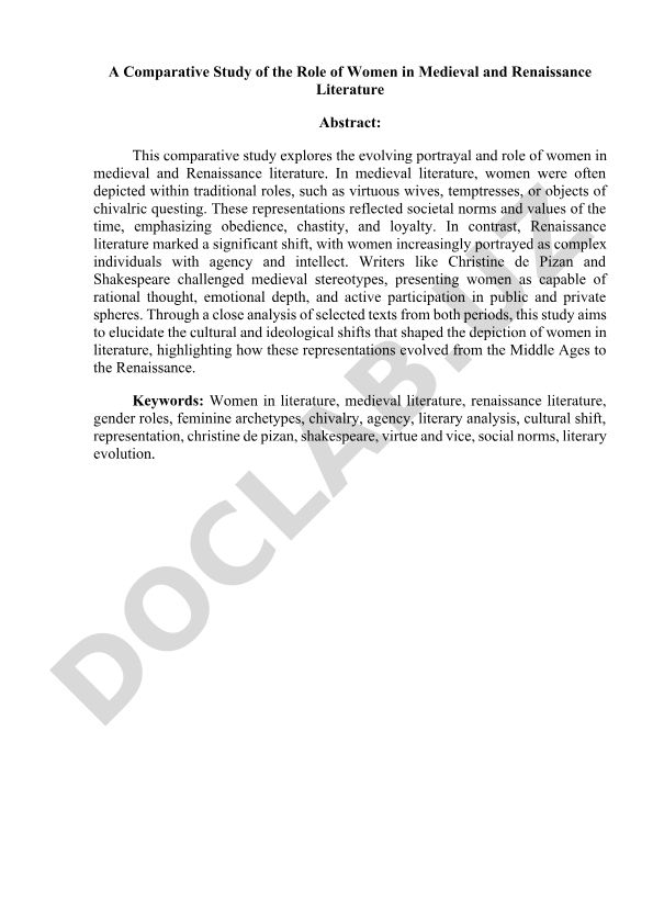 A Comparative Study of the Role of Women in Medieval and Renaissance Literature