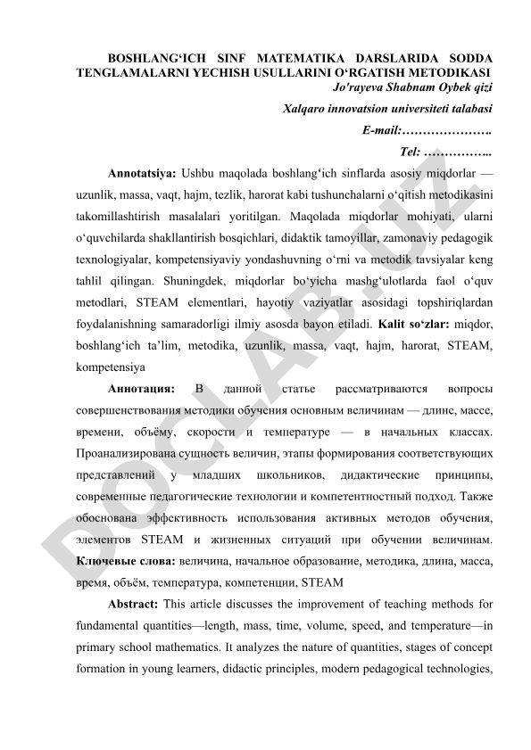 Boshlang'ich sinflarda miqdorlarni o'qitish metodikasi