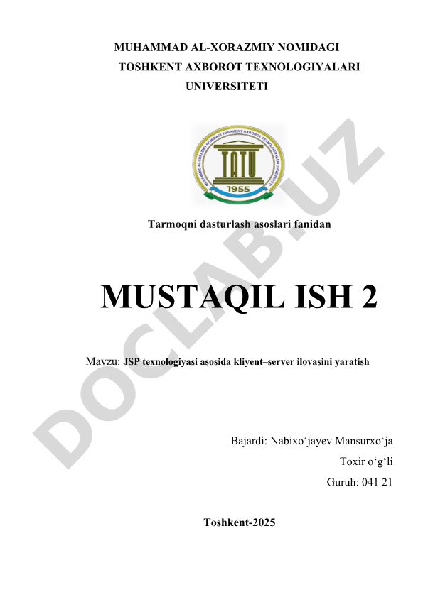 JSP texnologiyasi asosida kliyent–server ilovasini yaratish