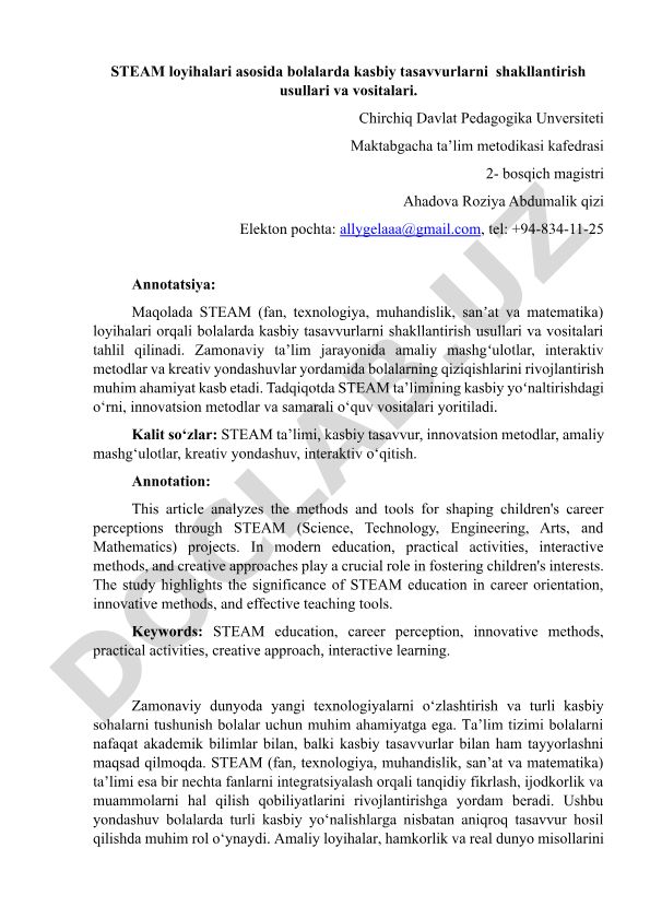 STEAM loyihalari asosida bolalarda kasbiy tasavvurlarni shakllantirish usullari va vositalari