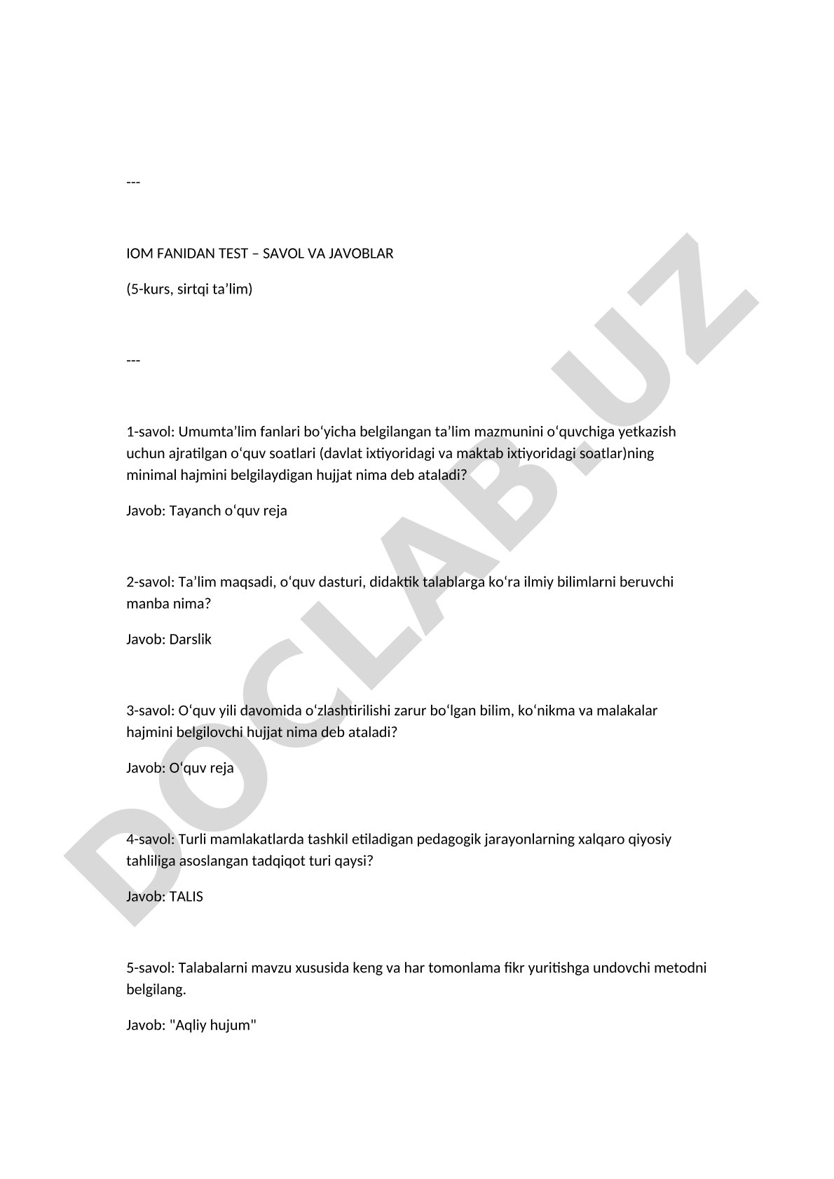 IOM fanidan test savol va javoblar (5-kurs, sirtqi ta'lim)