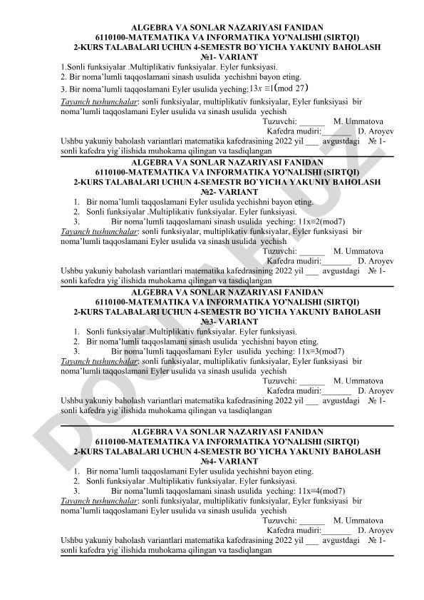 Algebra va sonlar nazariyasi fanidan yakuniy baholash variantlari