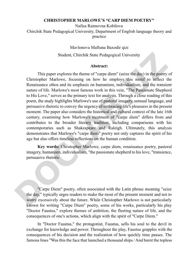 Christopher Marlowe's 'carpe diem' poetry analysis