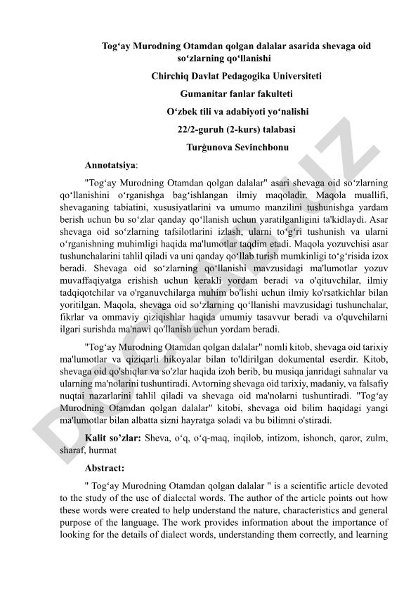 Togʻay Murodning Otamdan qolgan dalalar asarida shevaga oid soʻzlarning qoʻllanishi