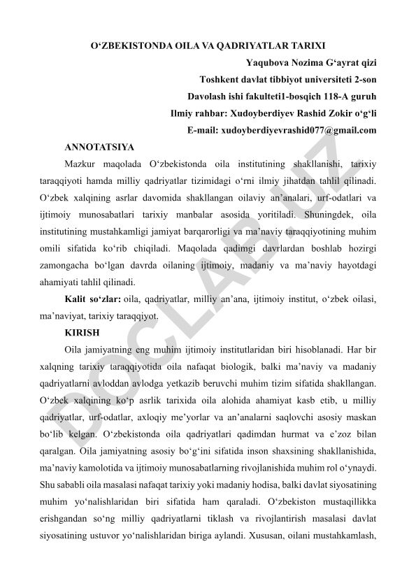 O‘zbekistonda oila va qadriyatlar tarixi