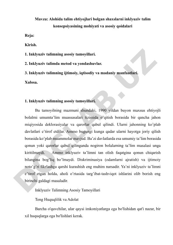Alohida talim ehtiyojlari bolgan shaxslarni inklyuziv talim konsepsiyasining mohiyati va asosiy qoidalari