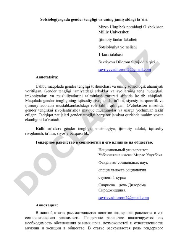 Sotsiologiyada gender tengligi va uning jamiyatdagi ta'siri