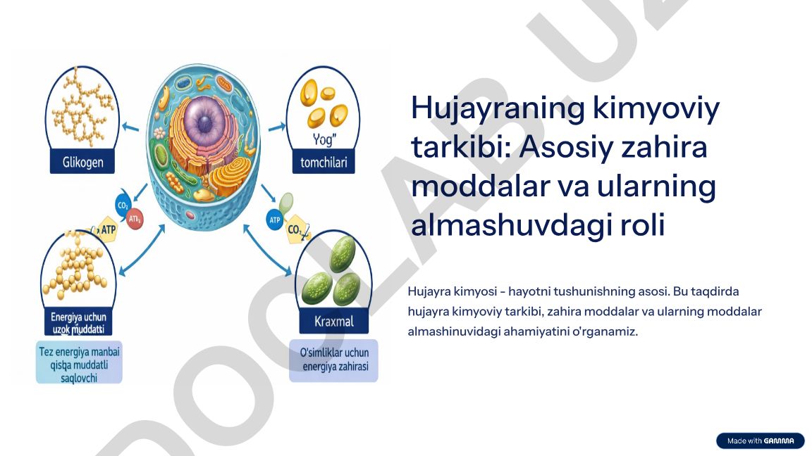 Hujayraning kimyoviy tarkibi va zahira moddalarning almashuvdagi roli